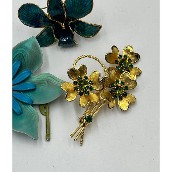 Set of three Floral Flower Mixed Brooch Wearable Lot Jewelry Blue Teal Gold tone - Picture 2 of 10